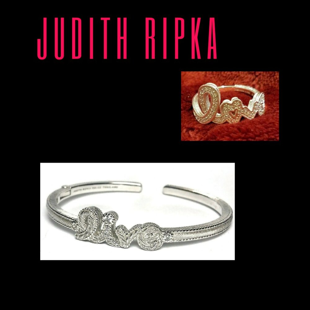 Judith Ripka 925 Sterling "Live, Love"  Ring & Cuff Bracelet